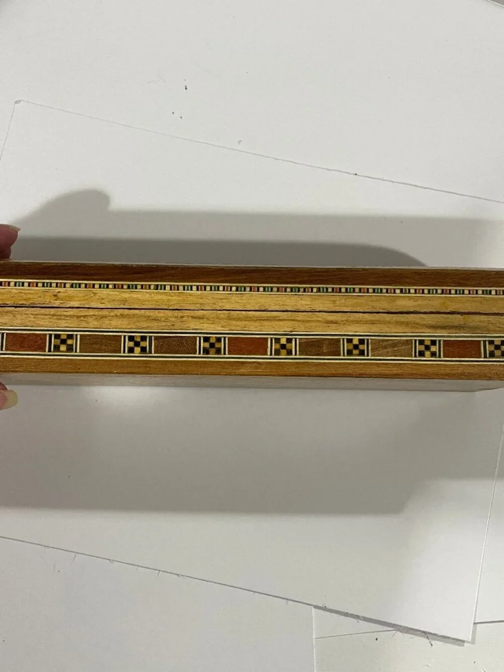 Vtg Persian Micro-Mosaic Wooden Marquetry Geometric Trinket Jewelry Box 9.25x3